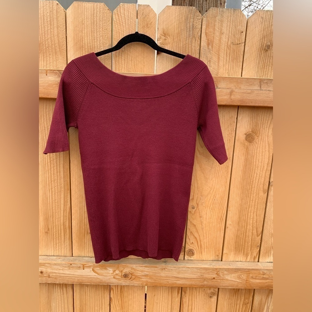 Gnw SHORT SLEEVE SCOOP NECK RIBBED RUBY RED MAROON BLOUSE SWEATER SZ XL